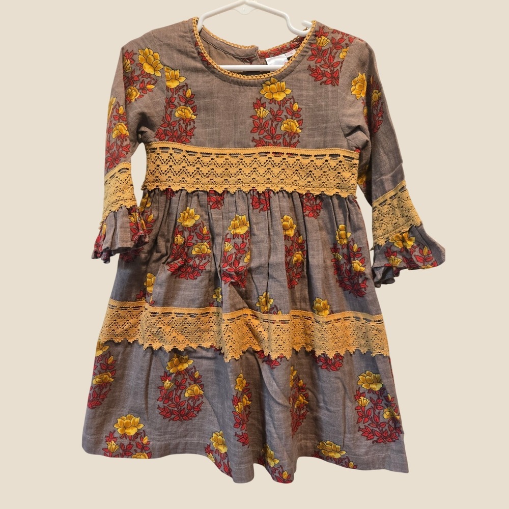 YO BABY Girls Floral Block Print Cotton Boho Dress Grey Yellow Lace Trim Size 3